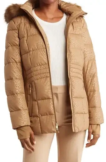 Cappotto giacca pelliccia sintetica Michael Kors donna con cappuccio trapuntato tecnica mista XS Husk