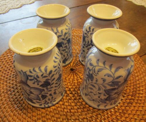 Vintage Andrea by Sadek Chinese Handpainted Lotus Blue & White Footed Mugs (4) - Picture 6 of 7