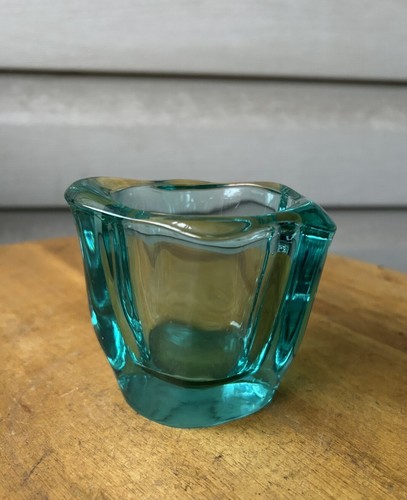 Vintage MCM SKLO Union Czech Glass Blue Green Oblong Candle Holder 3.5" Nick