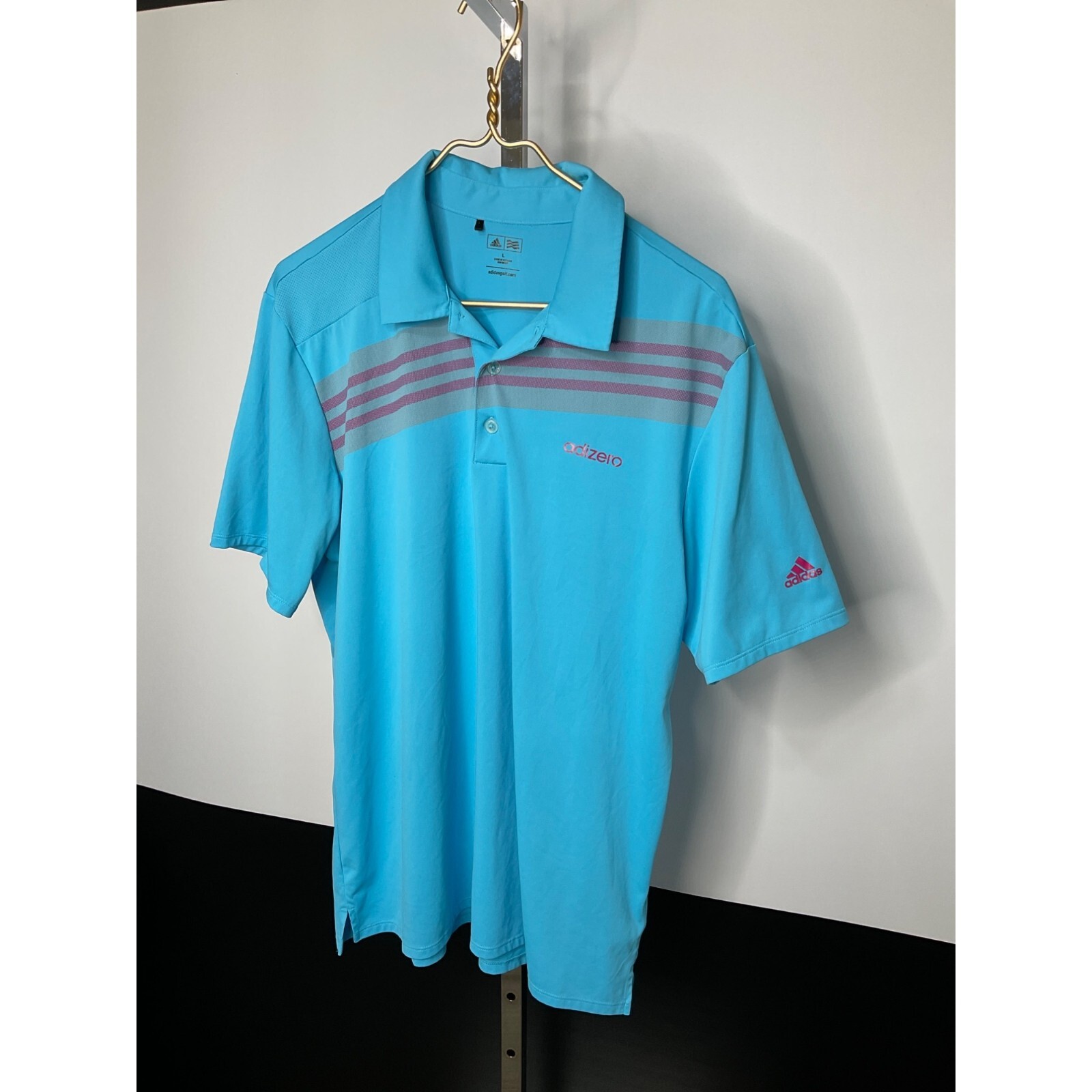 Adidas Golf Adizero Mens Polo Shirt Size L Light Blue Striped Performance UK L image 2