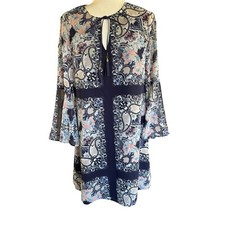 Vince Camuto Dress Blue Sheer Bell Sleeves Floral Lined Sz 8 Feminine Whimsical