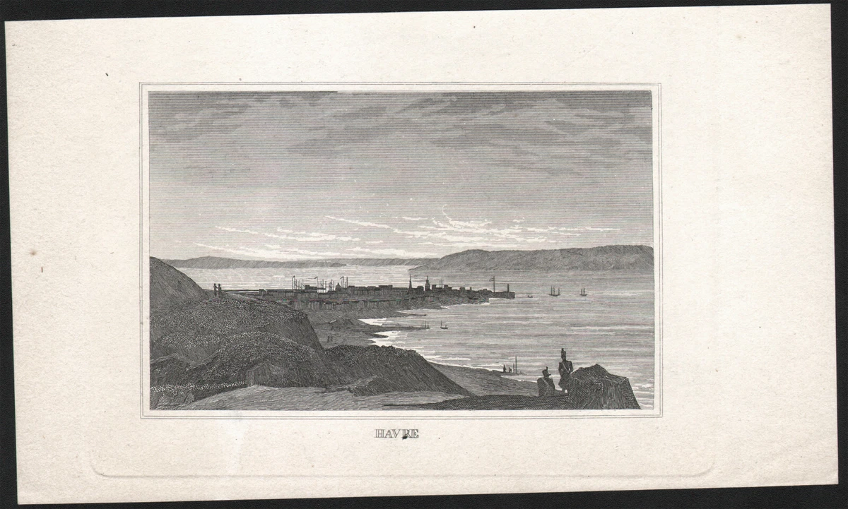 Grande Gravure Ancienne De Phare De La Hève Au Havre, 1834 Par Lucas - Œuvre Marine Normande Originale Du XIXe