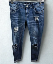 Almost Famous Jeans Women's Size 3 Skinny Distressed Cuffed Blue Thrashed Grunge
