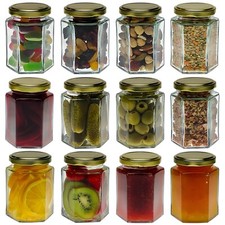 Glass Honey/Jam Jars Hexagon Gold Lid 6/12/24pk 190ml