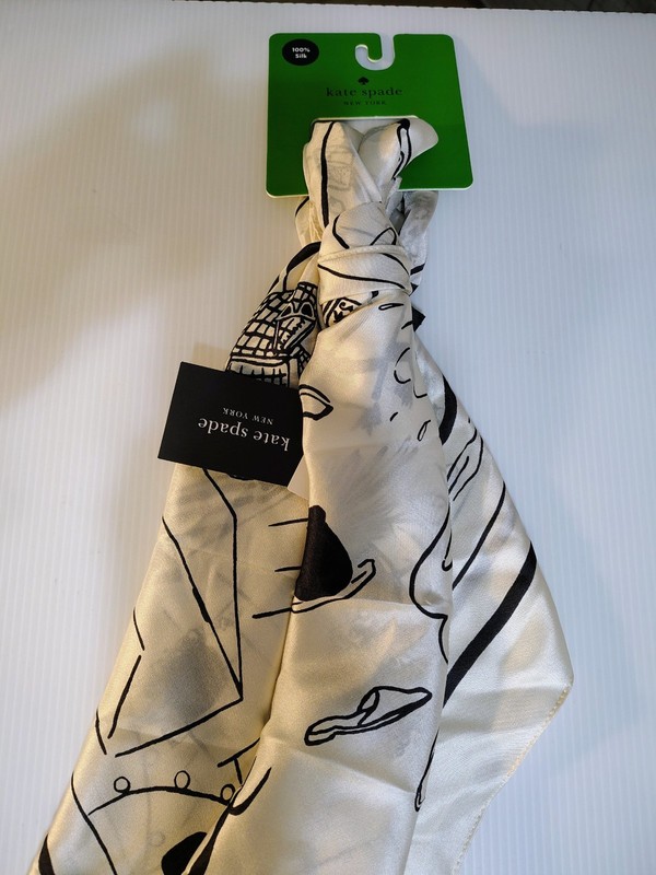 KATE SPADE 100% Silk Logo "Summer Party Scene" Cream, Black 30" Square Scarf