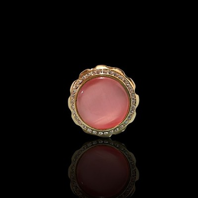 Pink Cats Eye Glass & Rhinestone Dinner Cocktail Ring Gold Tone Sz 6.75