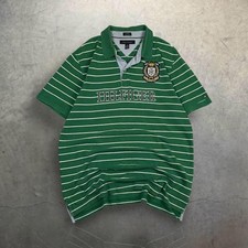 Y2K Tommy Hilfiger Green Striped Spell Out Embroidered Polo Shirt Size XL