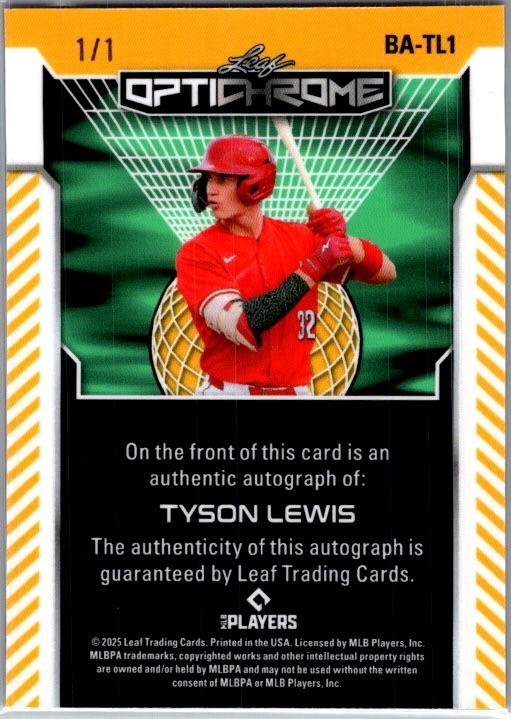 2025 Leaf Tyson Lewis Optichrome Baseball Black 1/1 Auto view 2