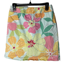 Talbots Tropical Floral Print Skirt Size 8 Bright Casual Back Zip Stretch Cotton