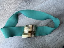 Vintage 1980s Statement Belt Green Elastic Stretch Wide Gold Buckle