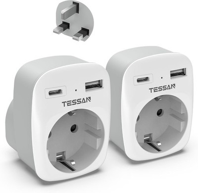 TESSAN 2er Pack Adapter England Deutschland Stecker, 3 in 1 Steckdosen Set Typ G