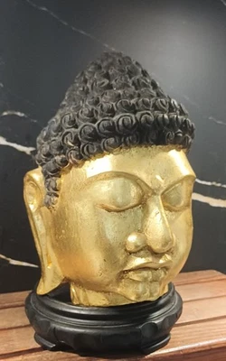 Ancienne Tête de Bouddha en bois sculpté doré Bouddha de temple Asie - Photo 1/4
