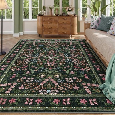 9x12 Washable Area Rug, Boho Floral Low Pile Non Slip Carpet for Living Room