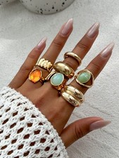 5-Piece Yellow Gold Vintage Asymmetrical Wide Ring Set For Women