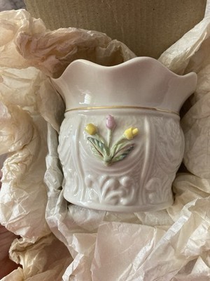 Belleek Fine Parian China Romantic Rose Floral Votive Candle Holder Boxed