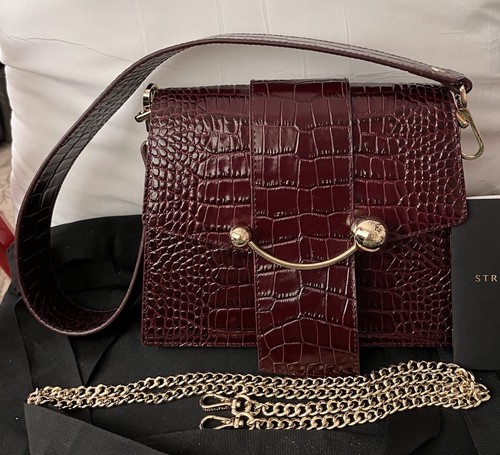 Strathberry Box Crescent Croc Embossed Leather Handbag, Burgundy, NWT