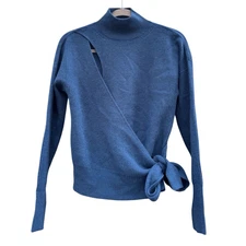 InCashmere Women's Teal Wrap Strap High Neck 100% Cashmere Sweater Top Medium