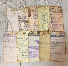 10 Handmade Junk Journal Tags Ledger Receipt Hang tags Embellishments Vintage