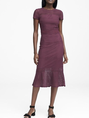 Banana Republic Purple Eyelet Lace Short Sleeve Flounce Hem Midi Dress Size 4 Banana Republic Purple Eyelet Lace Short Sleeve Flounce Hem Midi Dress Size 4