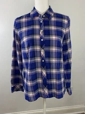 Talbots Women's Navy Blue Plaid Longsleeve Button Front Shirt Size Small