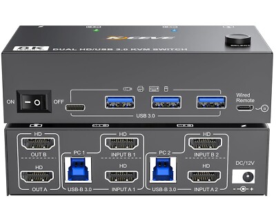 8K HDMI KVM Switch 2 Monitore 2 Computer 8K@60Hz 4K@144Hz, MLEEDA USB 3.0 Dual