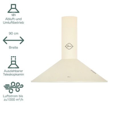  Dunstabzugshaube Wandhaube 90cm Gurari GCH 046 1000m³/h Creme