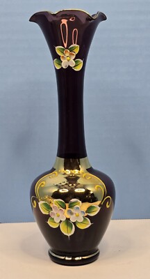 Made In Japan Bud Vase Vtg Purple Amethyst Bohemian Glass Gilded Hand Painted