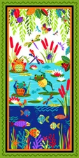 Frog Toad Fish Fabric 23"X44" Panel Cattails Pond Life Cotton Blank Quilting