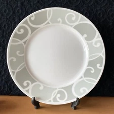 CORELLE Corrias Vitrelle Ribbons and Swirls 2 dinner plates 10.75" gray & green