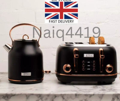 Haden Heritage Retro Schnellkoch Wasserkocher & passender Schwarz & Kupfer 4 Scheiben Toaster