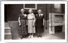 Vtg B&W Snapshot Three Women In Polka Dot Dresses Standing 1940s