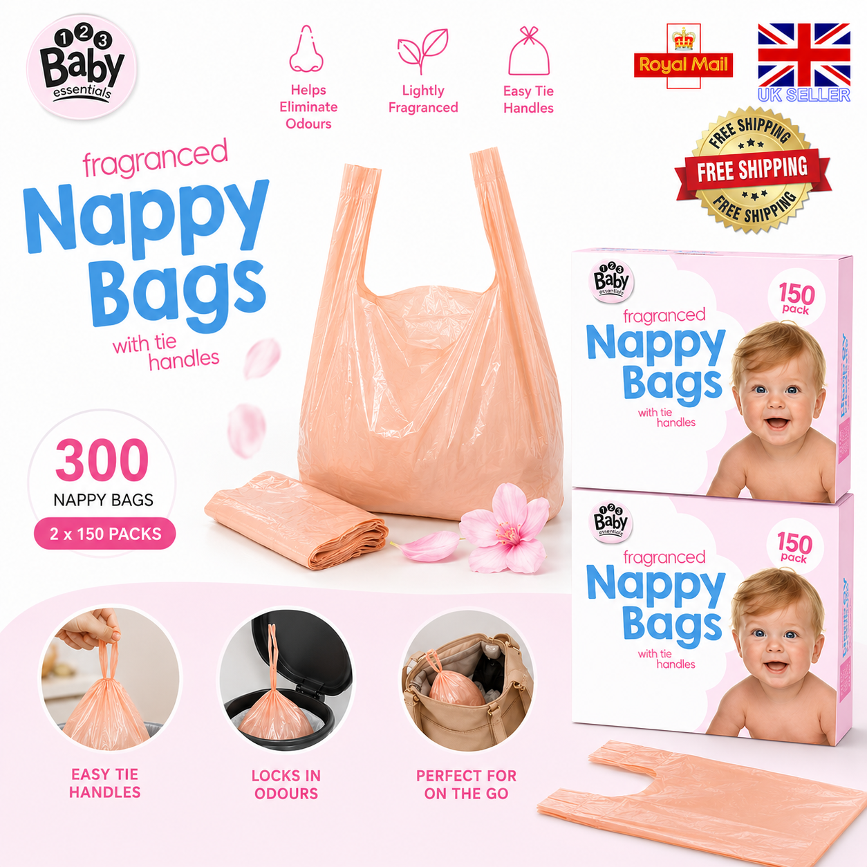 🔥300 DISPOSABLE FRAGRANCED NAPPY BAGS BIN SACKS BABY TIE HANDLES DIAPER SCENTED