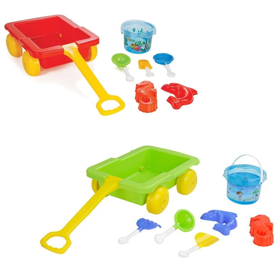 Pilsan 06112 Sandspielzeug Set mit Ziehwagen, Eimer, Förmchen, Schaufeln, Rechen