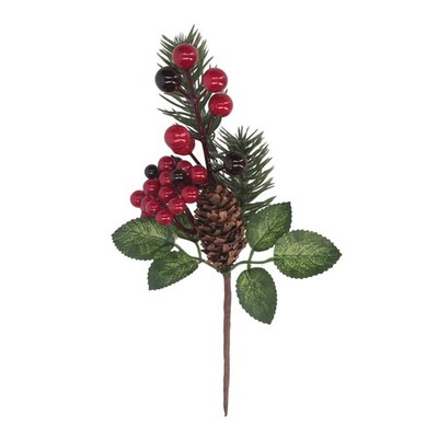 Zweig mit roten Beeren und Tannenzapfen H.19 cm grün