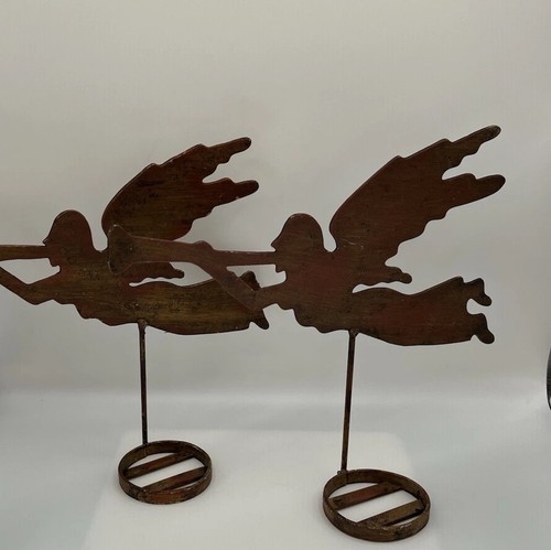 Rustic Metal Art Angel Pillar Candle Holders Set Of 2 Gabriel Angels Primitive - Picture 2 of 8