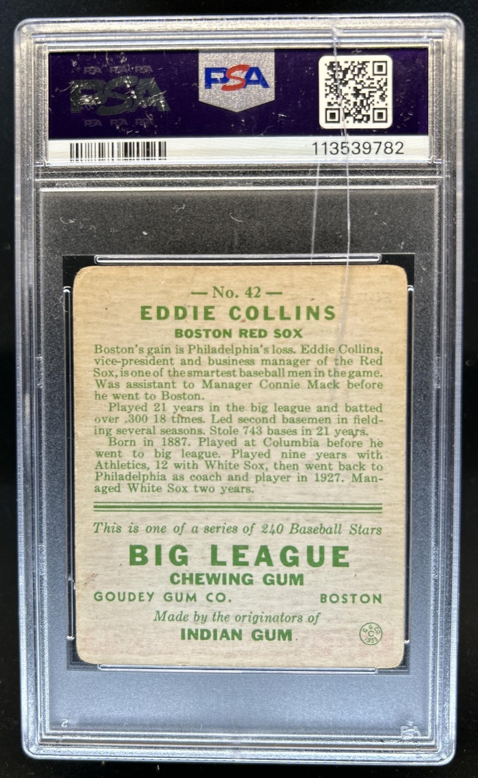 1933 Goudey R319 Eddie Collins Cracked Slab Rookie RC #42 Red Sox PSA 1.5 view 2