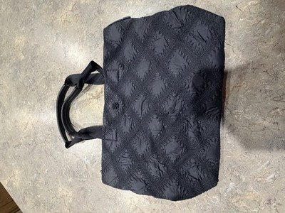 Tory Burch Ella Quilted Nylon Tote Bag Medium Black Trim Logo Zip Closure