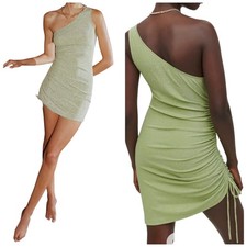 Reformation Jilian Knit Dress Lime Green Shimmer One Shoulder Size L