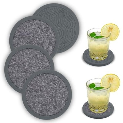 Set of 4 Non-Slip Silicone Coasters, Double-Sided Absorbent Cup Mats 4pc Grey