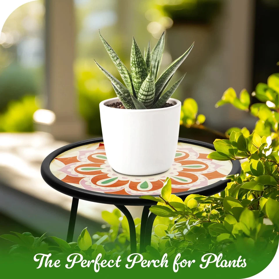 Mesa auxiliar exterior vidrio redondo G128 12 pulgadas púrpura patrón mandala soporte para plantas Foto 4 de 4