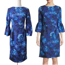 DAVID MEISTER Blue Floral Hydrangea Bell Sleeve Sheath Dress Size 8 Office Party