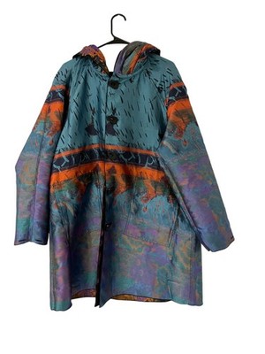 Ubu Womens Jacket Raincoat M Medium Multicolor Abstract Hooded Button Front NWT