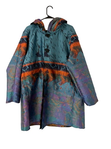 Ubu Womens Jacket Raincoat M Medium Multicolor Abstract Hooded Button Front NWT