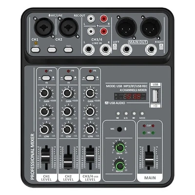 BRANDED 4 Channel Audio Mixer with 48V Phantom Power, USB, Bluetooth for Karaoke & DJ