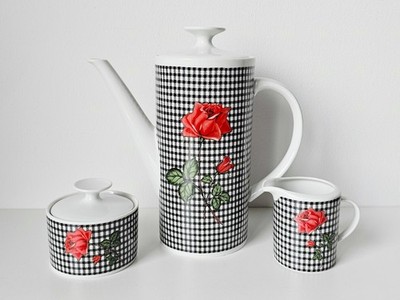 Kaffeekern 3-tlg. Kanne + Milch + Zucker Winterling Röslau Vichy Karo Rose Retro