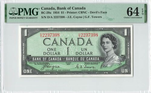 CANADÁ 1 dólar 1954, BC-29a, cara de diablo, torres Coyne, PMG 64 EPQ elección UNC. - Imagen 1 de 2