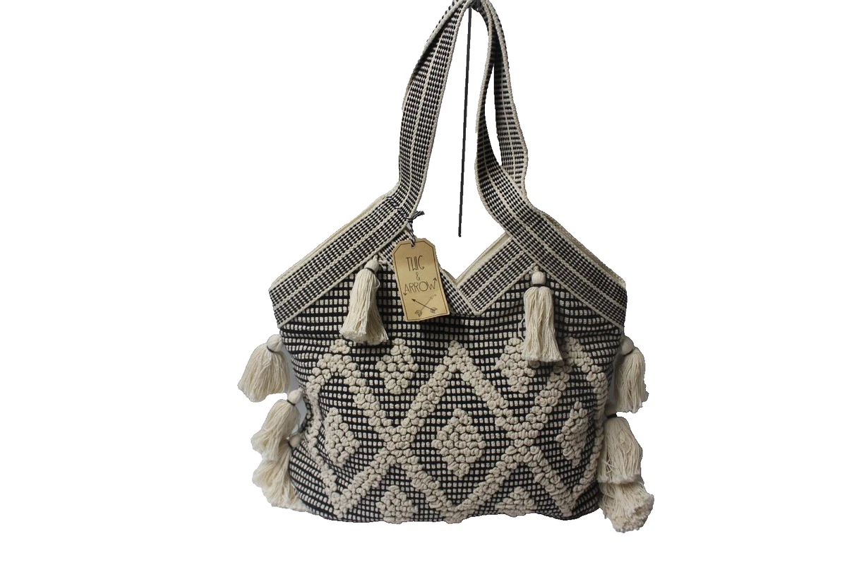 Twig Arrow Handbag Beach Bag Purse Shopper Black Ivory NWT Tassels NWT