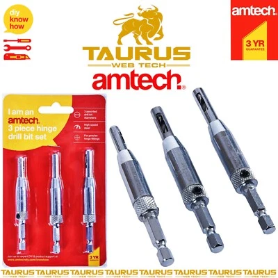 3 x AMTECH Hinge DRILL Set Self Centering Bit Pilot Holes DIY Hex HSS Impact UK