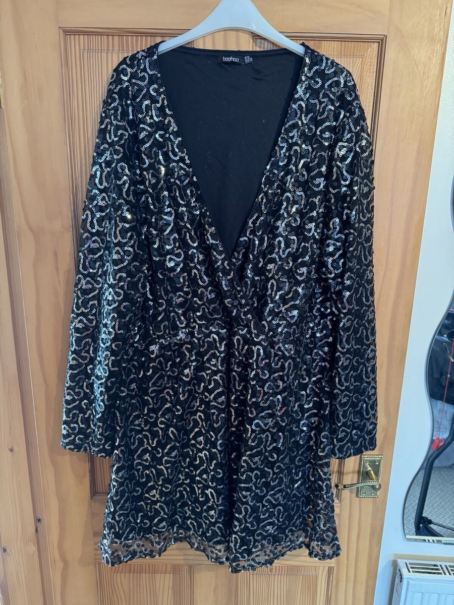 boohoo black and silver sequin dress boohoo plus sequin twist front dress black UK18 US14 New Shirt Sleeve