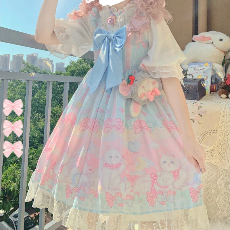 Lady Sweet Lolita Dress Girls Cute Cat Strappy Bow Princess Japanese Kawaii  Chic